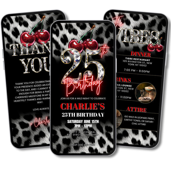 Cherry, Cheetah & Leopard Print 25th Birthday Invitation Bundle | Digital 25th Invite with Vibes and Thank You Card Canva Template