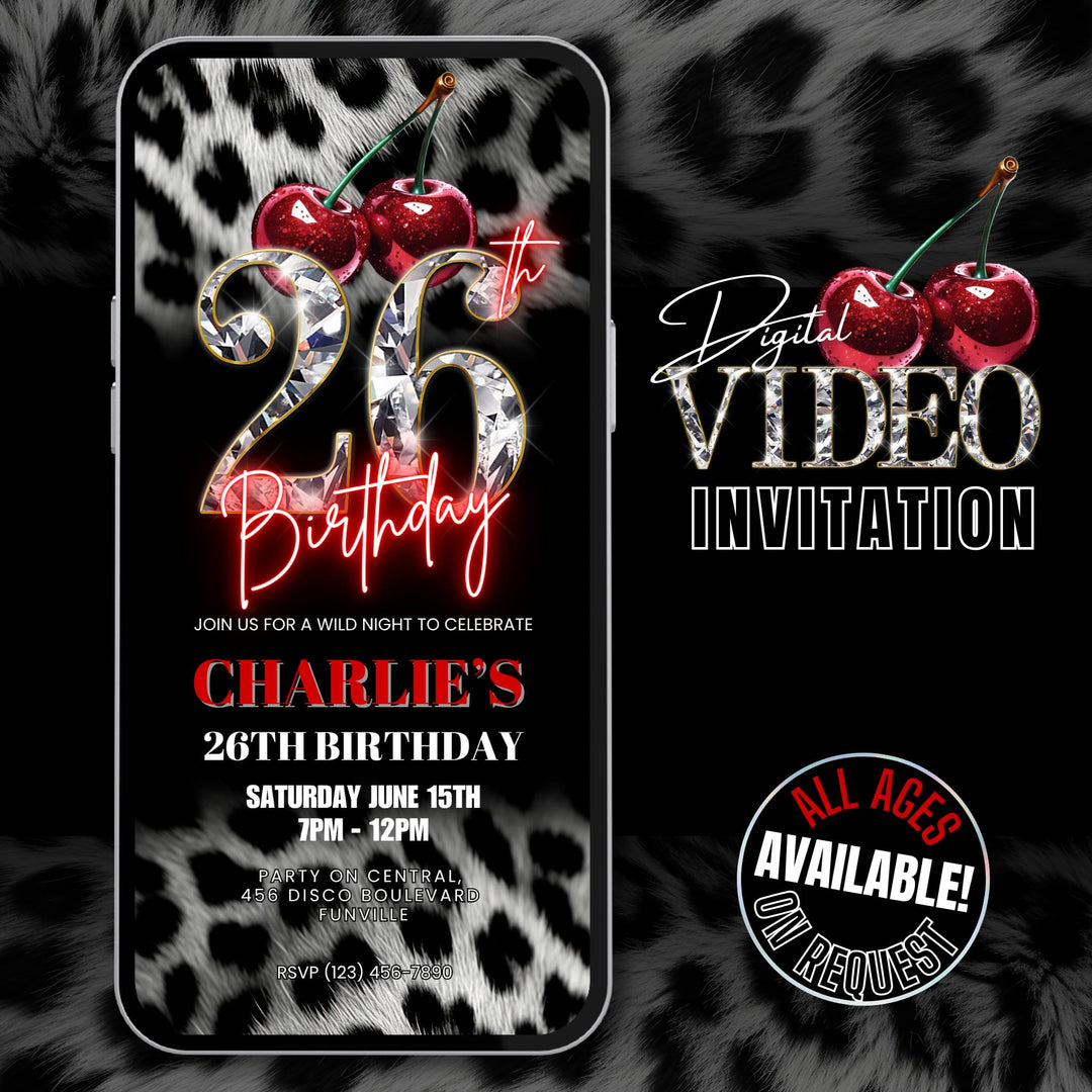 Cherry, Cheetah & Leopard Print 26th Birthday Invitation | Editable Canva Template