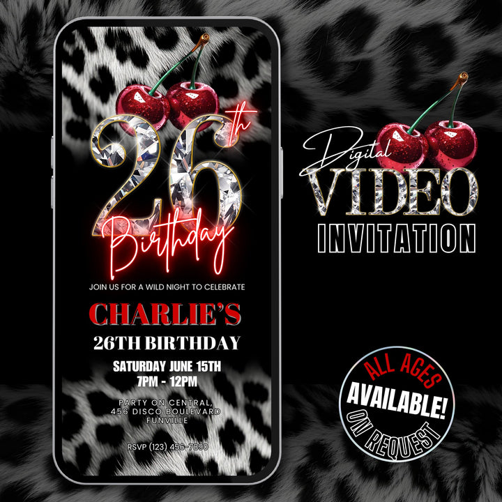 Cherry, Cheetah & Leopard Print 26th Birthday Invitation | Editable Canva Template
