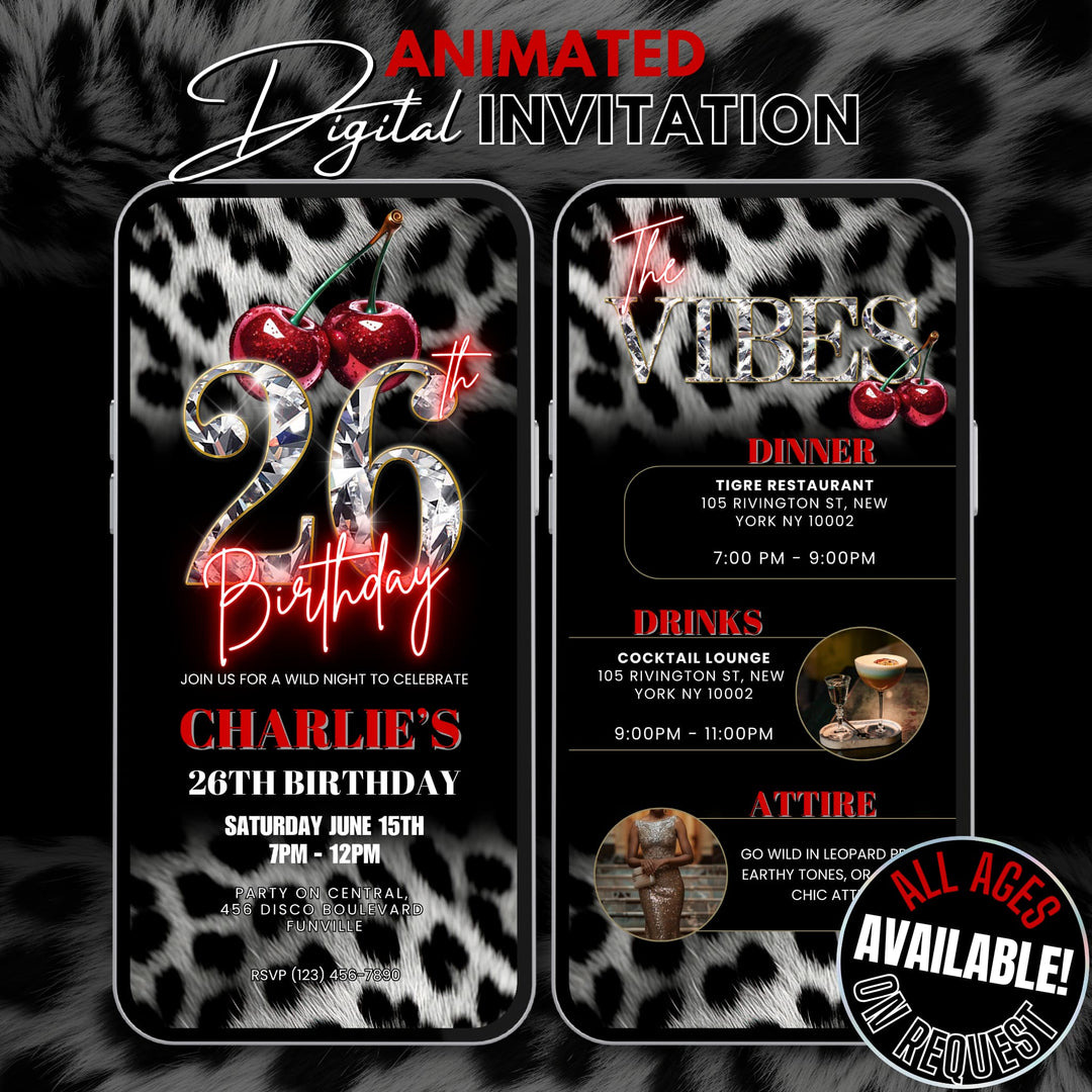 Cherry, Cheetah & Leopard Print 26th Birthday Invitation with Vibes Itinerary | Editable Canva Template