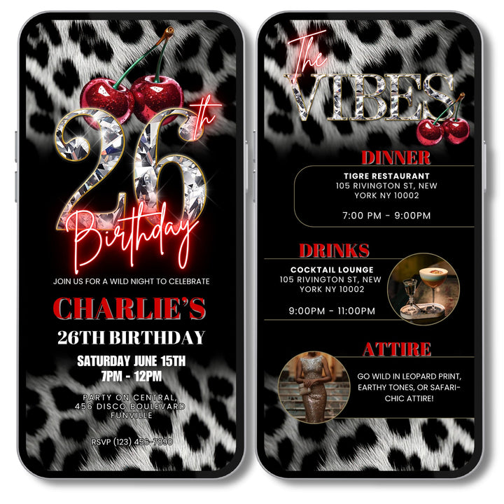Cherry, Cheetah & Leopard Print 26th Birthday Invitation with Vibes Itinerary | Editable Canva Template