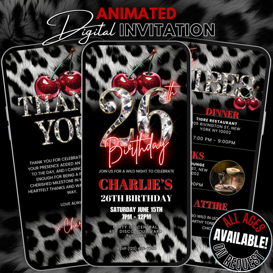 Cherry, Cheetah & Leopard Print 26th Birthday Invitation Bundle | Digital 26th Invite with Vibes and Thank You Card Canva Template