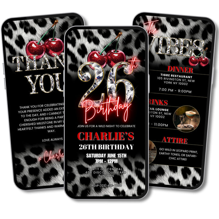 Cherry, Cheetah & Leopard Print 26th Birthday Invitation Bundle | Digital 26th Invite with Vibes and Thank You Card Canva Template