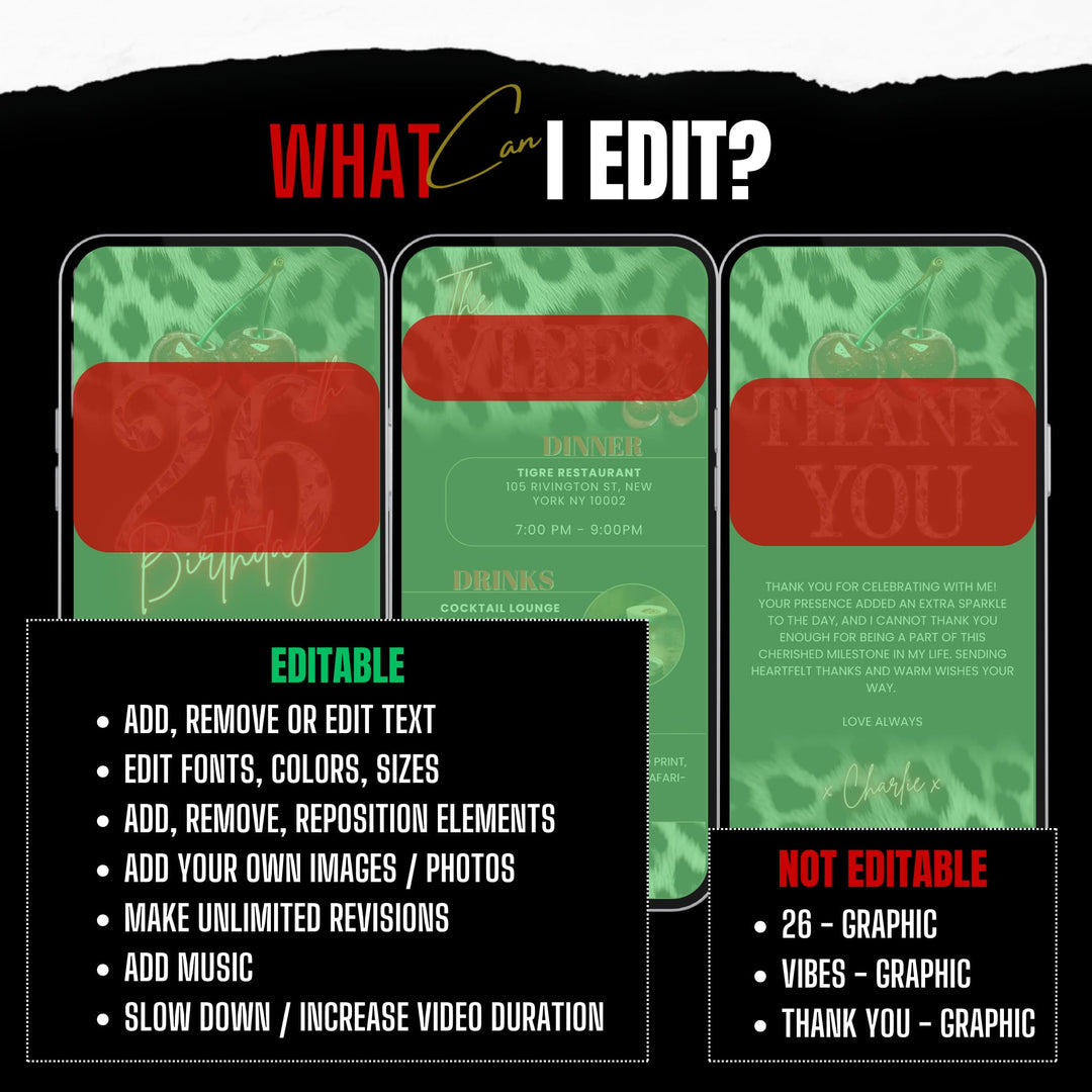 Cherry, Cheetah & Leopard Print 26th Birthday Invitation Bundle | Digital 26th Invite with Vibes and Thank You Card Canva Template