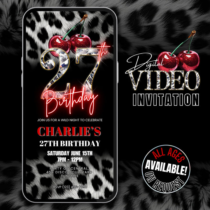 Cherry, Cheetah & Leopard Print 27th Birthday Invitation | Editable Canva Template