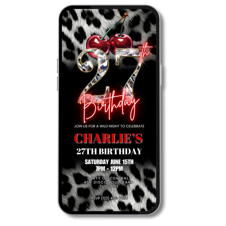 Cherry, Cheetah & Leopard Print 27th Birthday Invitation | Editable Canva Template