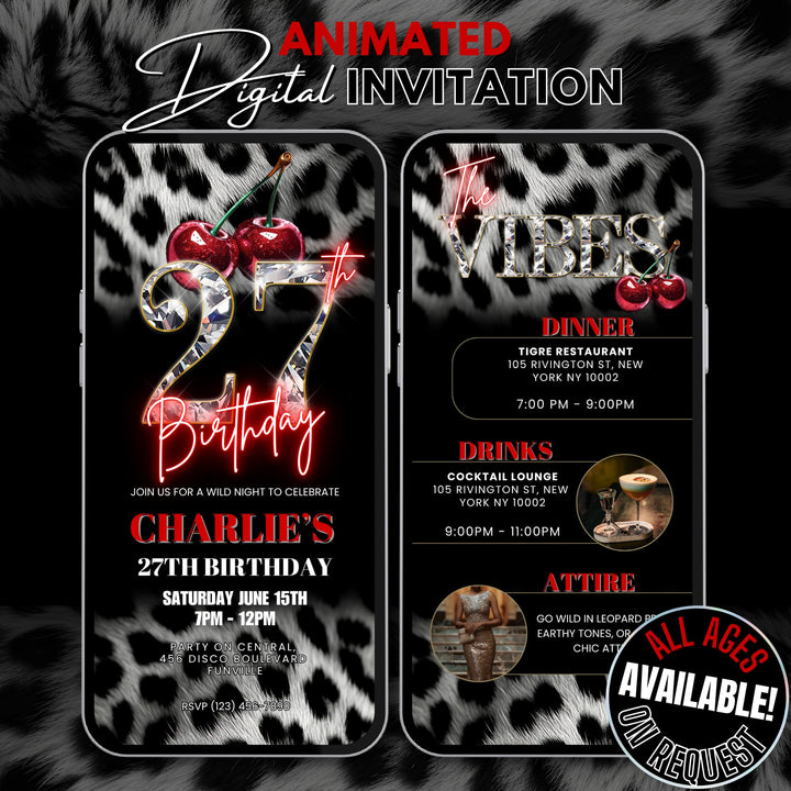 Cherry, Cheetah & Leopard Print 27th Birthday Invitation with Vibes Itinerary | Editable Canva Template