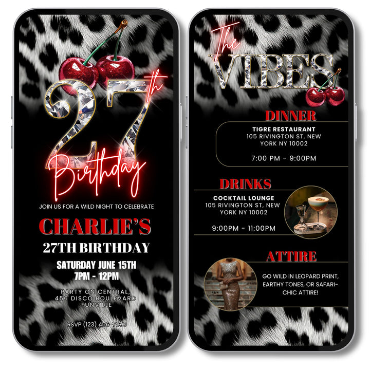 Cherry, Cheetah & Leopard Print 27th Birthday Invitation with Vibes Itinerary | Editable Canva Template