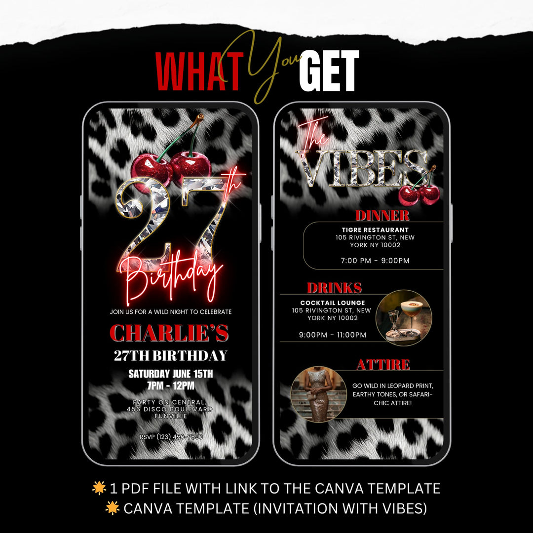 Cherry, Cheetah & Leopard Print 27th Birthday Invitation with Vibes Itinerary | Editable Canva Template