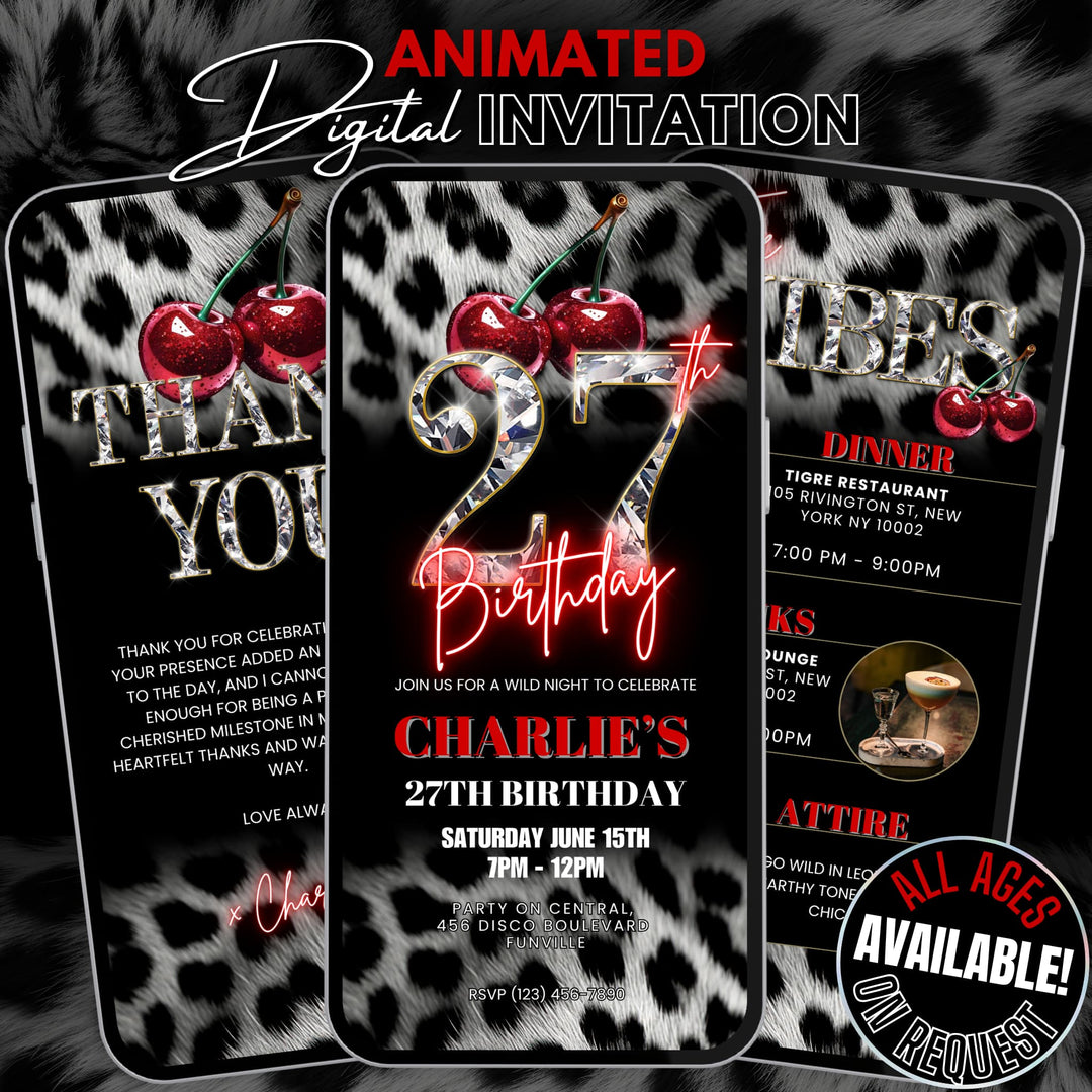 Cherry, Cheetah & Leopard Print 27th Birthday Invitation Bundle | Digital 27th Invite with Vibes and Thank You Card Canva Template