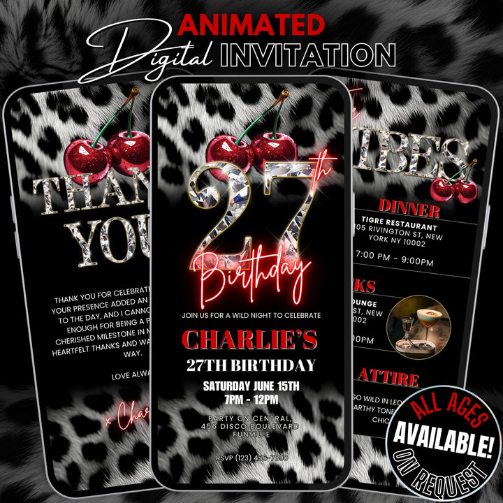 Cherry, Cheetah & Leopard Print 27th Birthday Invitation Bundle | Digital 27th Invite with Vibes and Thank You Card Canva Template