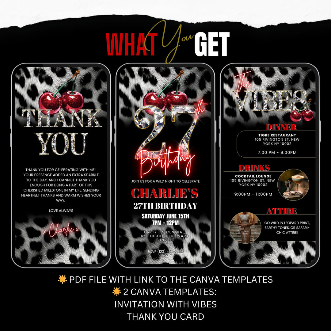 Cherry, Cheetah & Leopard Print 27th Birthday Invitation Bundle | Digital 27th Invite with Vibes and Thank You Card Canva Template