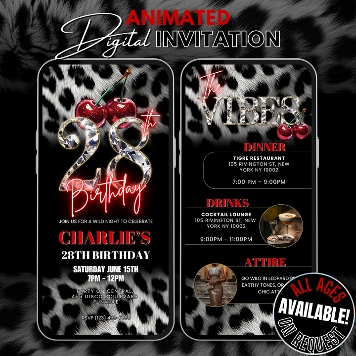 Cherry, Cheetah & Leopard Print 28th Birthday Invitation with Vibes Itinerary | Editable Canva Template