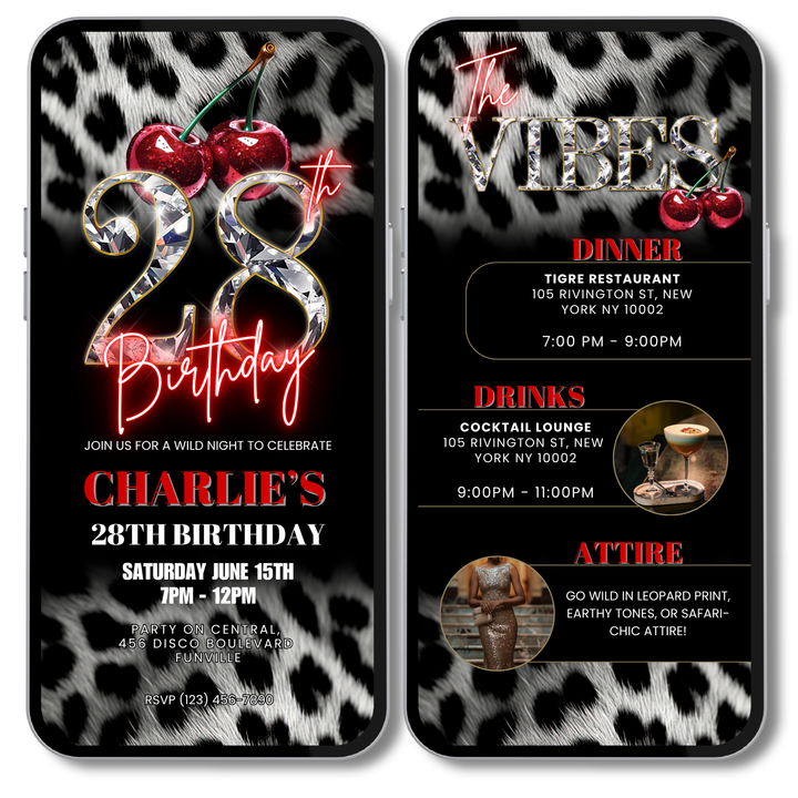 Cherry, Cheetah & Leopard Print 28th Birthday Invitation with Vibes Itinerary | Editable Canva Template