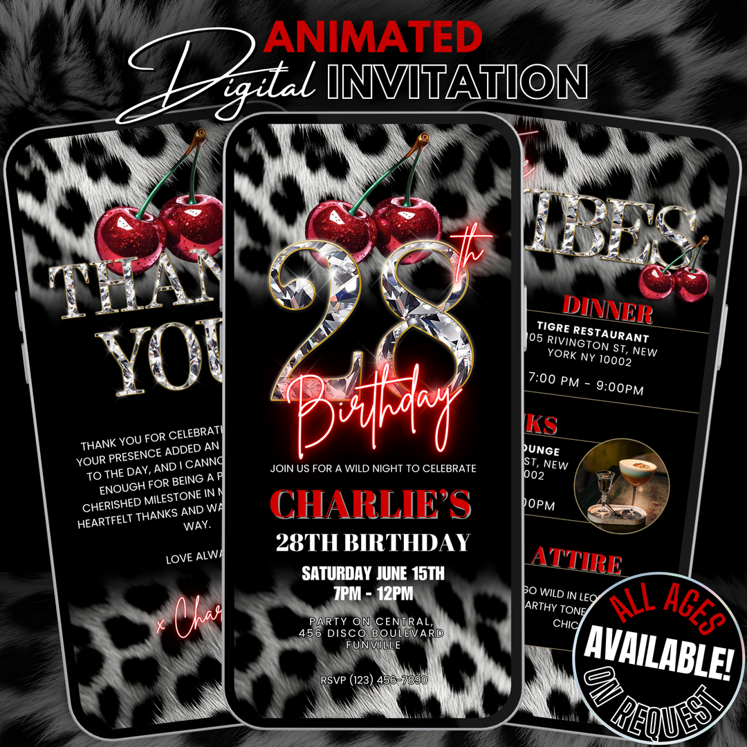 Cherry, Cheetah & Leopard Print 28th Birthday Invitation Bundle | Digital 28th Invite with Vibes and Thank You Card Canva Template
