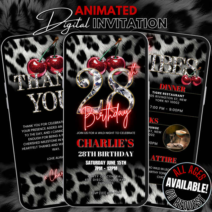 Cherry, Cheetah & Leopard Print 28th Birthday Invitation Bundle | Digital 28th Invite with Vibes and Thank You Card Canva Template