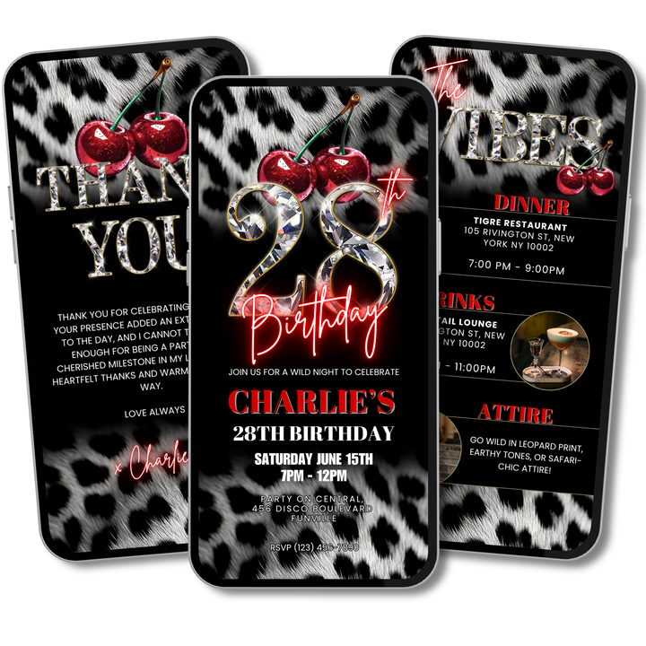 Cherry, Cheetah & Leopard Print 28th Birthday Invitation Bundle | Digital 28th Invite with Vibes and Thank You Card Canva Template