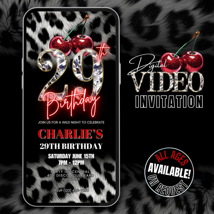 Cherry, Cheetah & Leopard Print 29th Birthday Invitation | Editable Canva Template