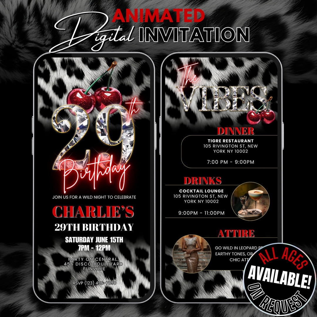 Cherry, Cheetah & Leopard Print 29th Birthday Invitation with Vibes Itinerary | Editable Canva Template