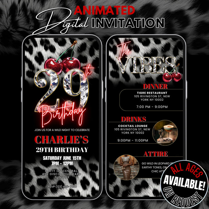 Cherry, Cheetah & Leopard Print 29th Birthday Invitation with Vibes Itinerary | Editable Canva Template
