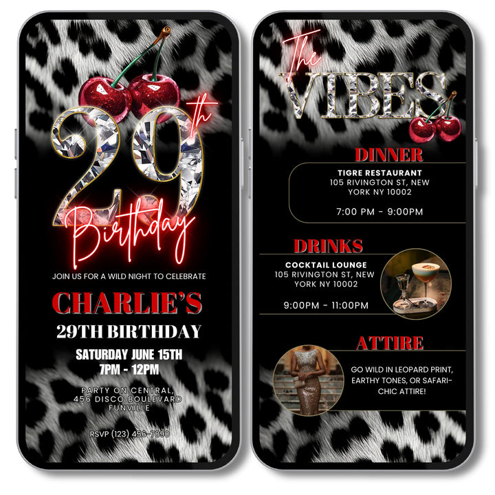 Cherry, Cheetah & Leopard Print 29th Birthday Invitation with Vibes Itinerary | Editable Canva Template
