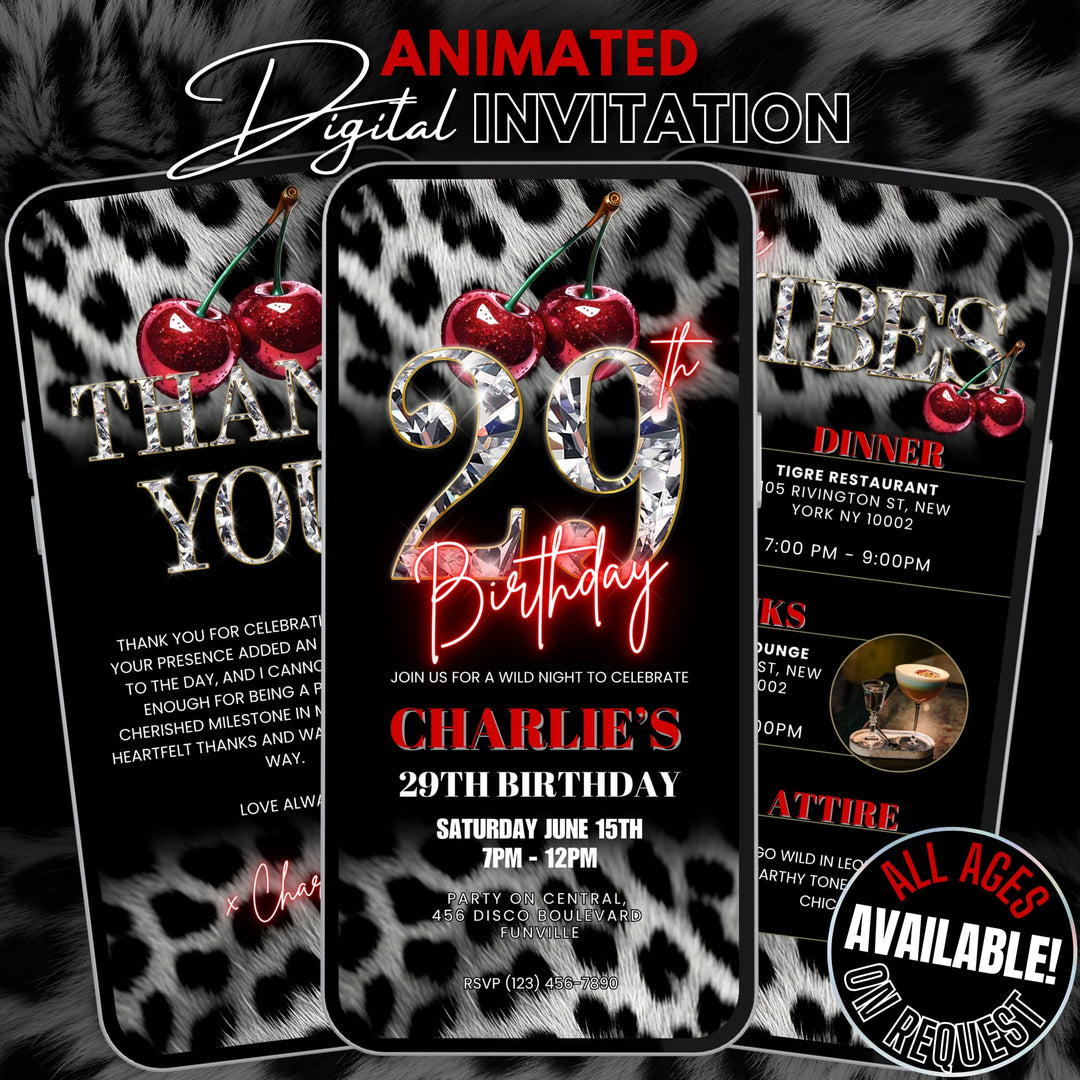 Cherry, Cheetah & Leopard Print 29th Birthday Invitation Bundle | Digital 29th Invite with Vibes and Thank You Card Canva Template