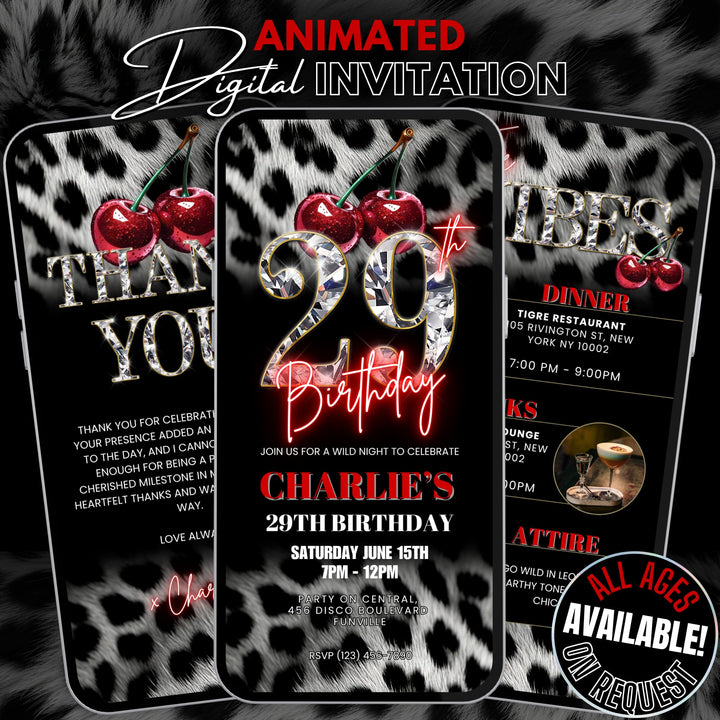 Cherry, Cheetah & Leopard Print 29th Birthday Invitation Bundle | Digital 29th Invite with Vibes and Thank You Card Canva Template
