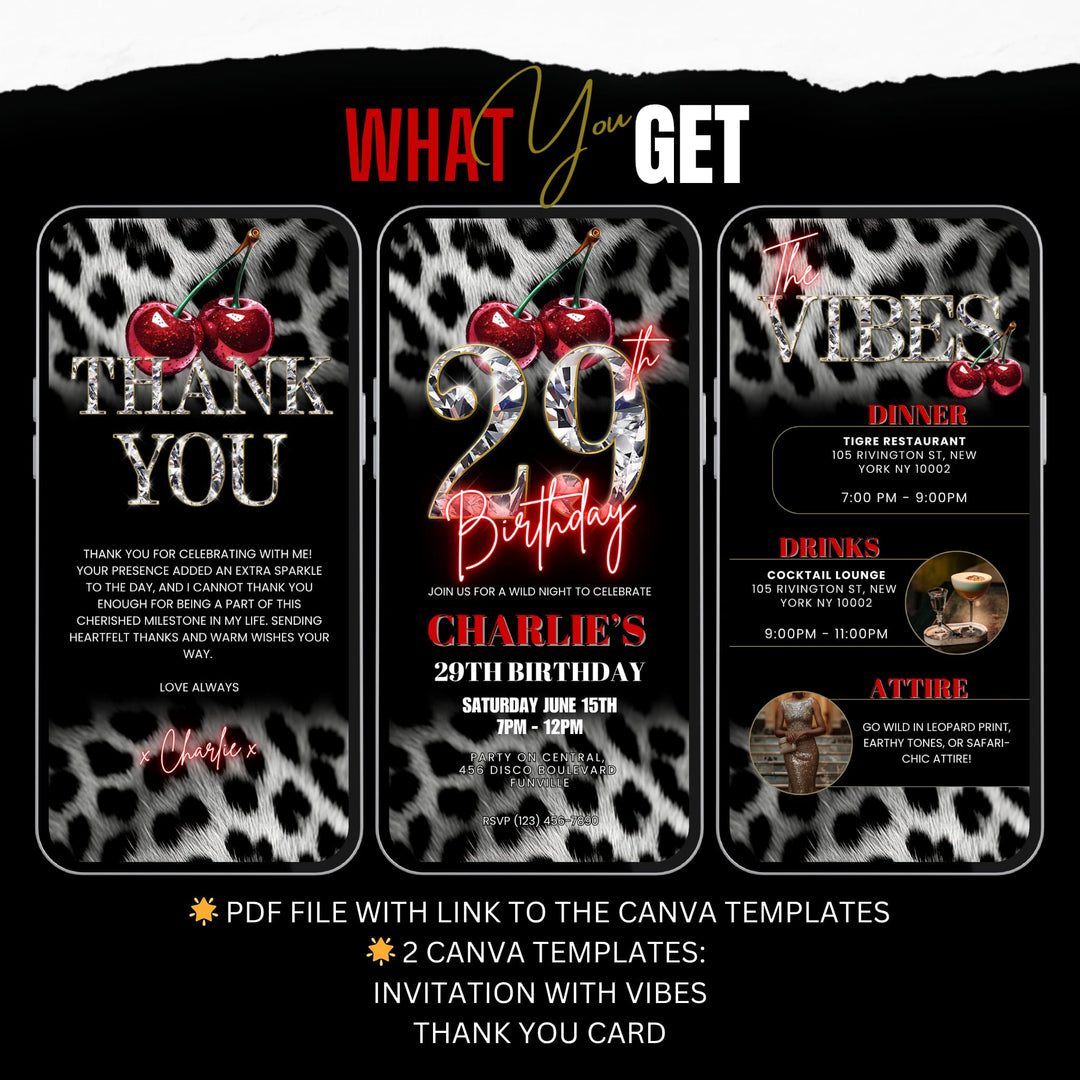 Cherry, Cheetah & Leopard Print 29th Birthday Invitation Bundle | Digital 29th Invite with Vibes and Thank You Card Canva Template