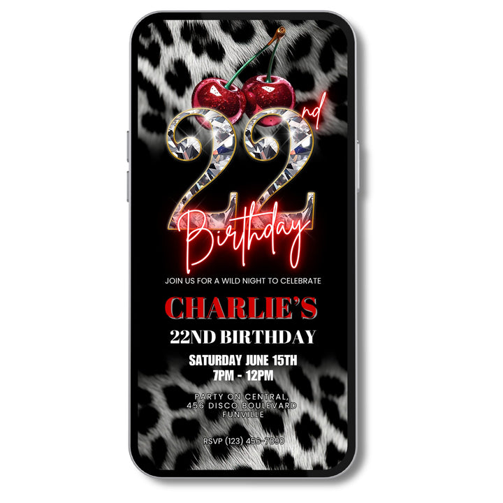 Cherry, Cheetah & Leopard Print 22nd Birthday Invitation | Red Glam Digital Birthday Invite | Editable Canva Template