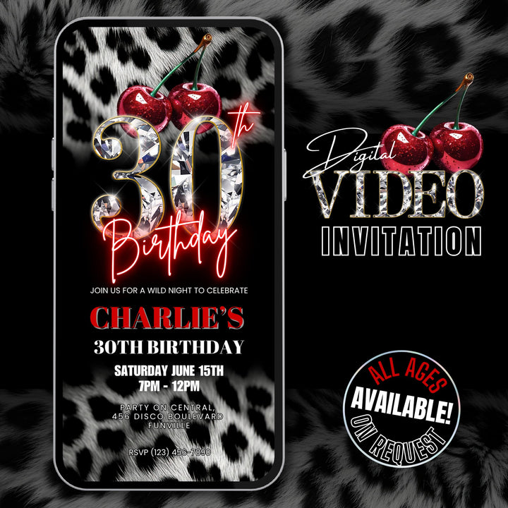 Cherry, Cheetah & Leopard Print 30th Birthday Invitation | Editable Canva Template