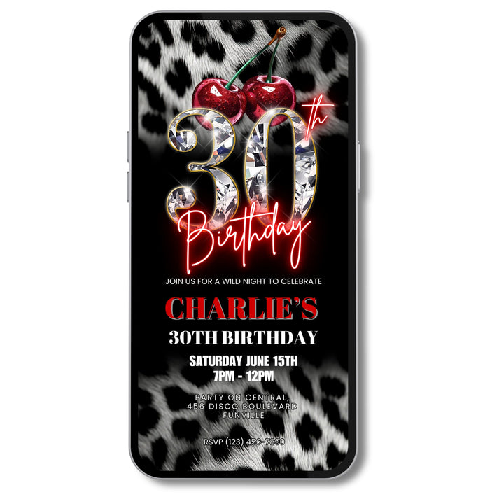 Cherry, Cheetah & Leopard Print 30th Birthday Invitation | Editable Canva Template