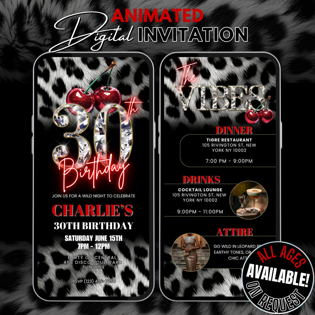 Cherry, Cheetah & Leopard Print 30th Birthday Invitation with Vibes Itinerary | Editable Canva Template