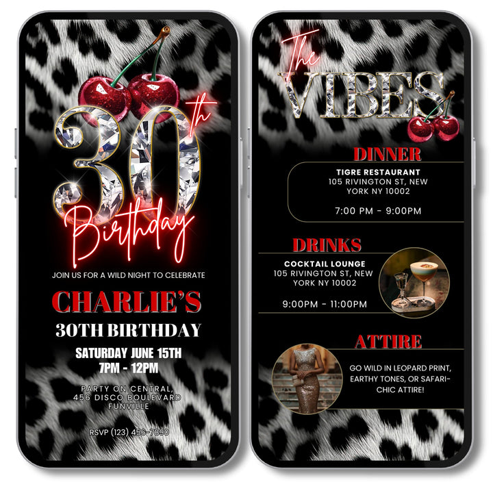 Cherry, Cheetah & Leopard Print 30th Birthday Invitation with Vibes Itinerary | Editable Canva Template