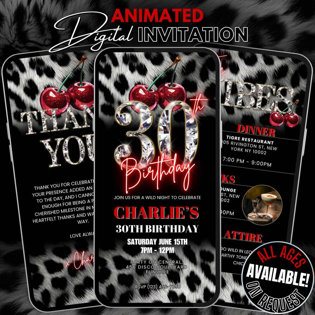 Cherry, Cheetah & Leopard Print 30th Birthday Invitation Bundle | Digital 30th Invite with Vibes and Thank You Card Canva Template