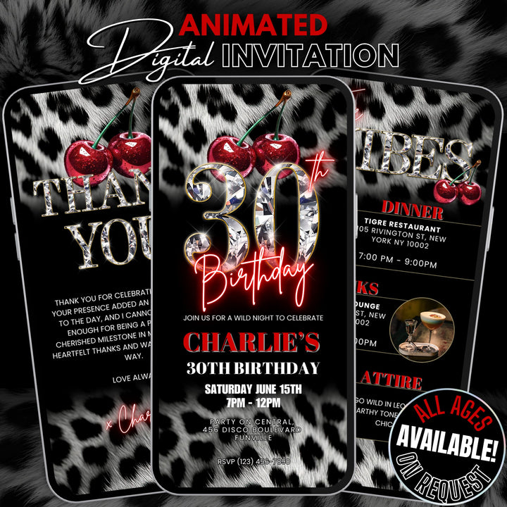 Cherry, Cheetah & Leopard Print 30th Birthday Invitation Bundle | Digital 30th Invite with Vibes and Thank You Card Canva Template