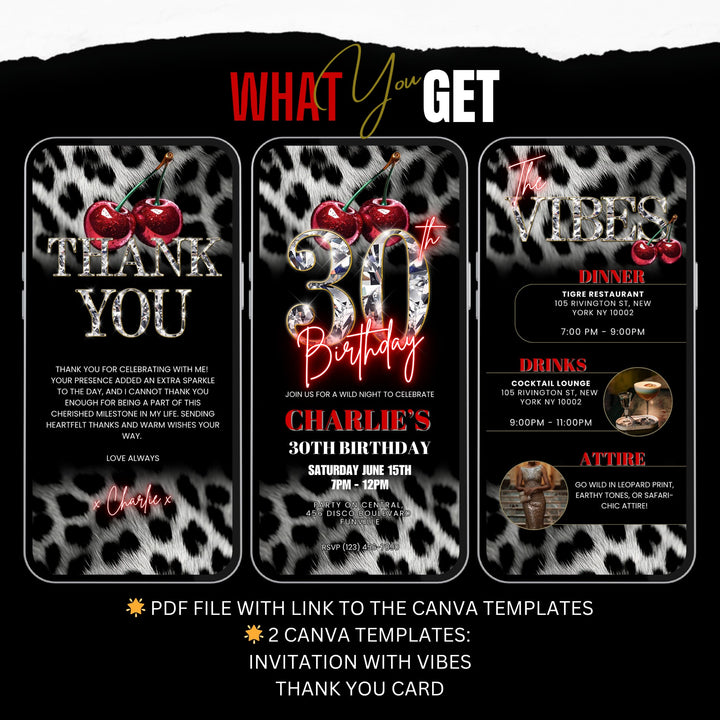 Cherry, Cheetah & Leopard Print 30th Birthday Invitation Bundle | Digital 30th Invite with Vibes and Thank You Card Canva Template