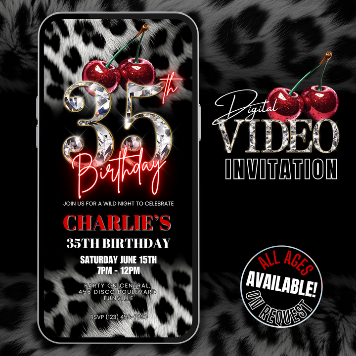 Cherry, Cheetah & Leopard Print 35th Birthday Invitation | Editable Canva Template