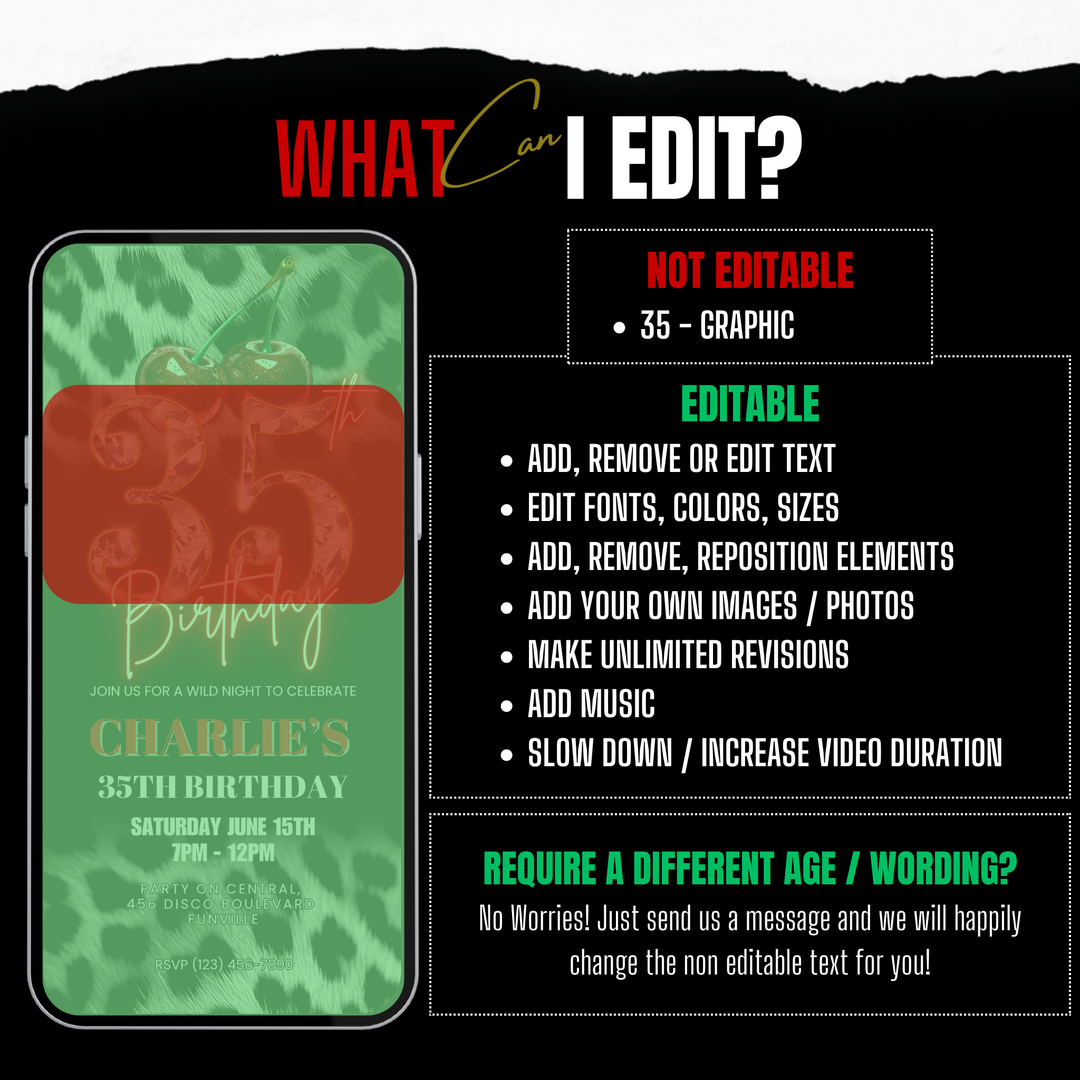 Cherry, Cheetah & Leopard Print 35th Birthday Invitation | Editable Canva Template