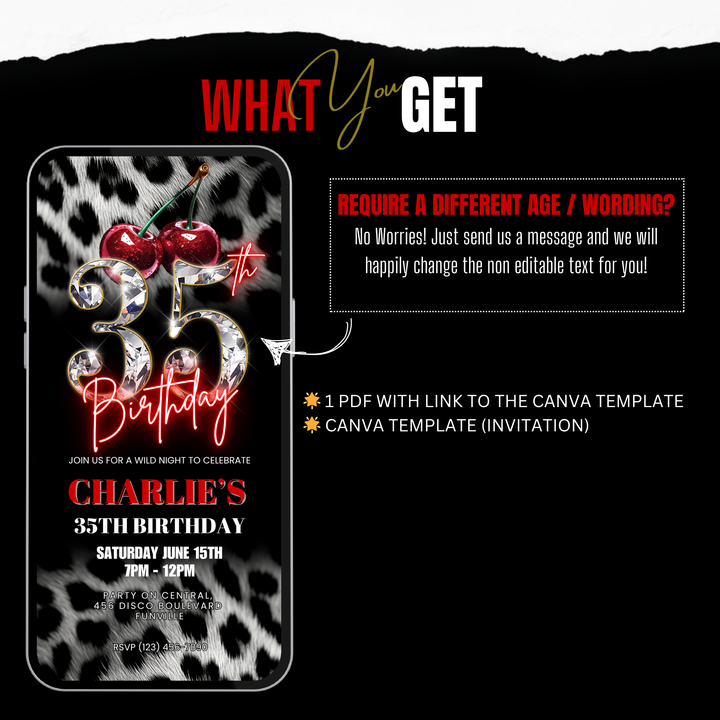 Cherry, Cheetah & Leopard Print 35th Birthday Invitation | Editable Canva Template
