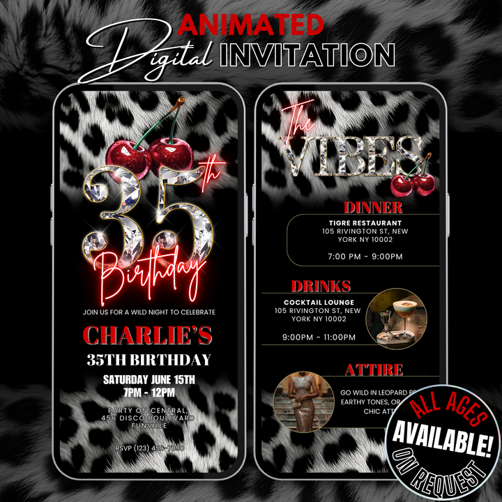 Cherry, Cheetah & Leopard Print 35th Birthday Invitation with Vibes Itinerary | Editable Canva Template
