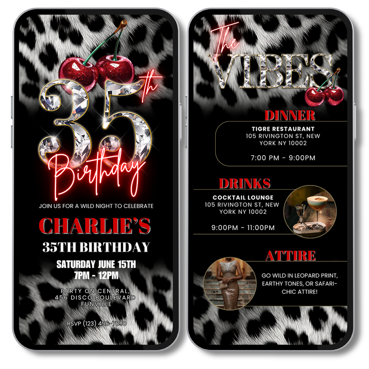 Cherry, Cheetah & Leopard Print 35th Birthday Invitation with Vibes Itinerary | Editable Canva Template
