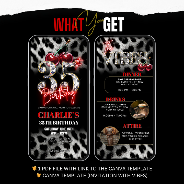 Cherry, Cheetah & Leopard Print 35th Birthday Invitation with Vibes Itinerary | Editable Canva Template