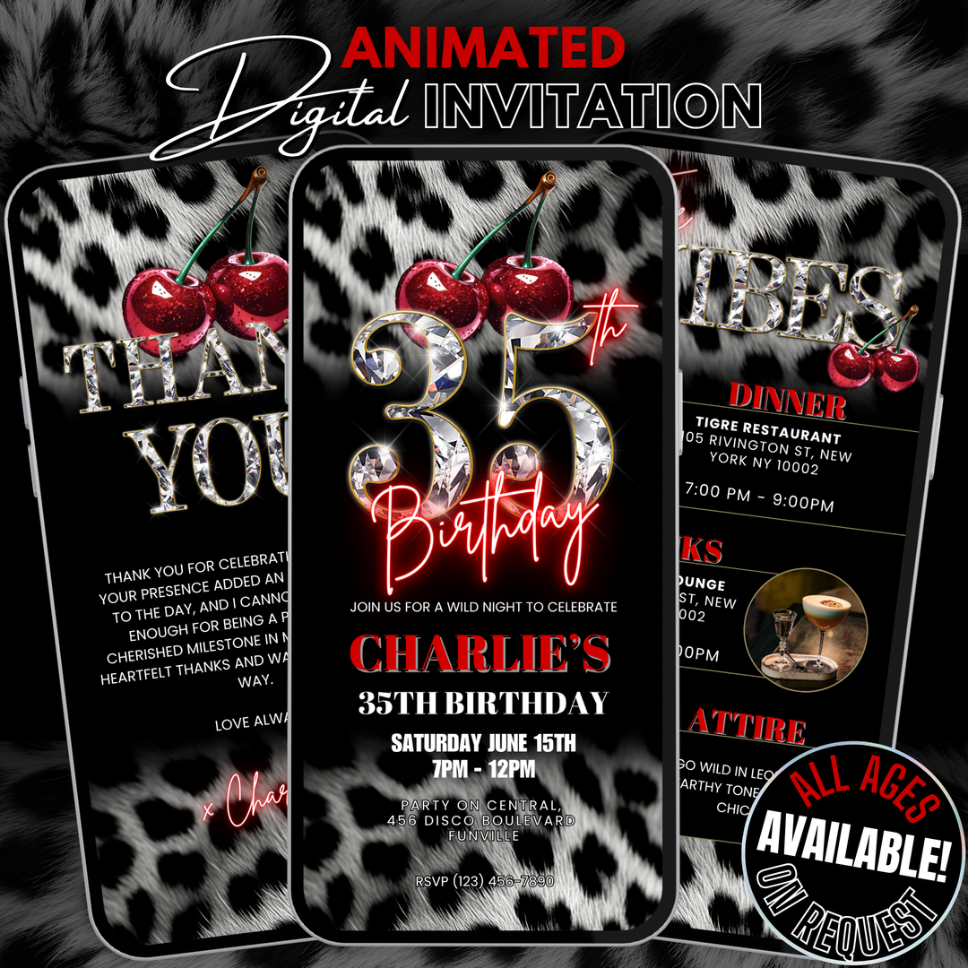 Cherry, Cheetah & Leopard Print 35th Birthday Invitation Bundle | Digital 35th Invite with Vibes and Thank You Card Canva Template