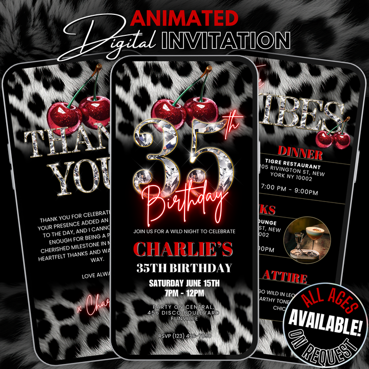 Cherry, Cheetah & Leopard Print 35th Birthday Invitation Bundle | Digital 35th Invite with Vibes and Thank You Card Canva Template