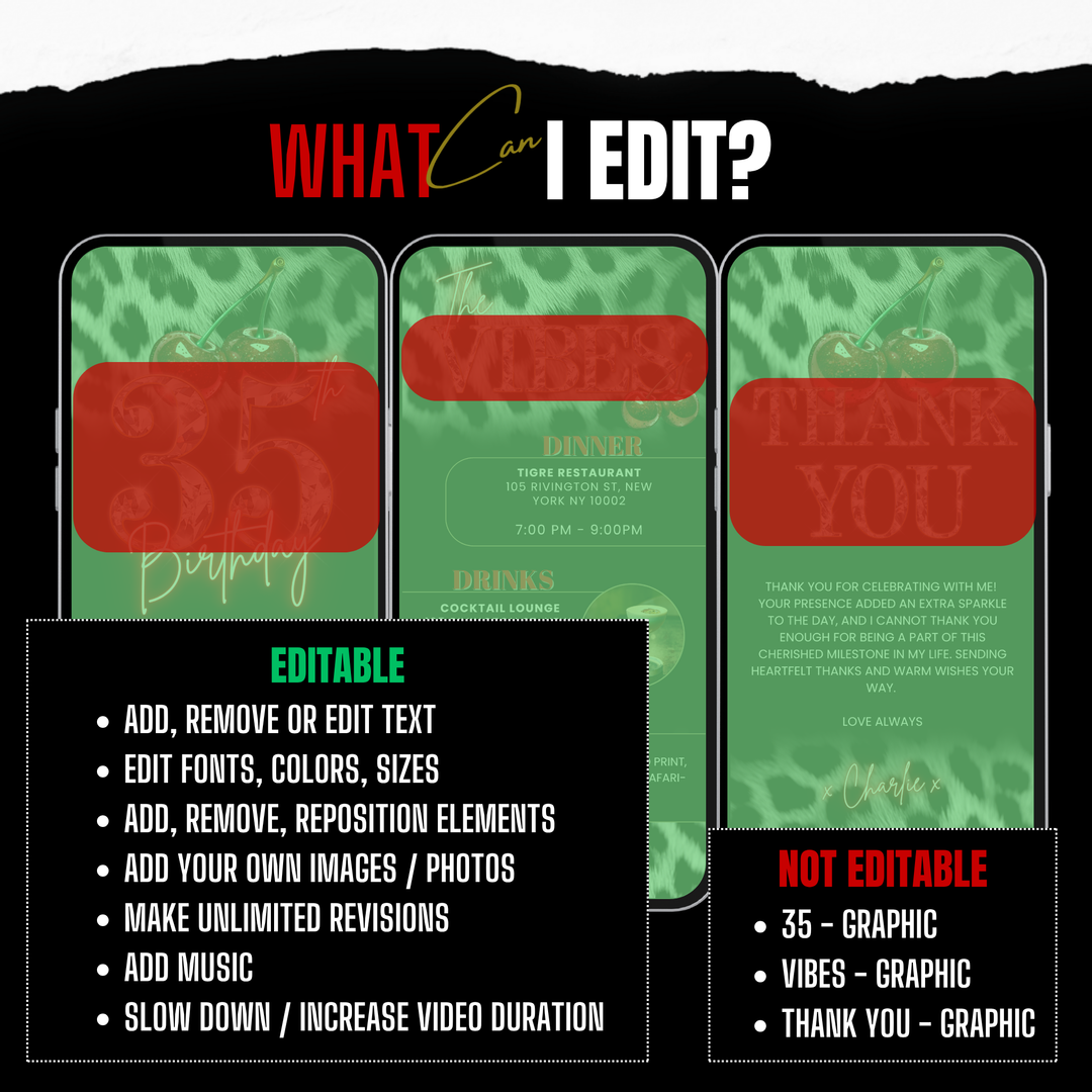 Cherry, Cheetah & Leopard Print 35th Birthday Invitation Bundle | Digital 35th Invite with Vibes and Thank You Card Canva Template