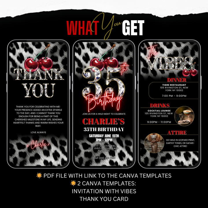 Cherry, Cheetah & Leopard Print 35th Birthday Invitation Bundle | Digital 35th Invite with Vibes and Thank You Card Canva Template