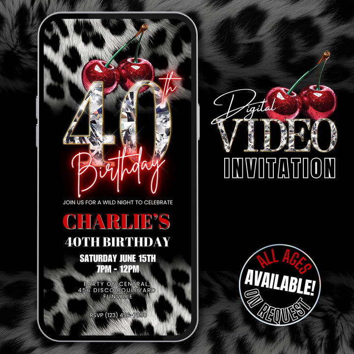 Cherry, Cheetah & Leopard Print 40th Birthday Invitation | Editable Canva Template