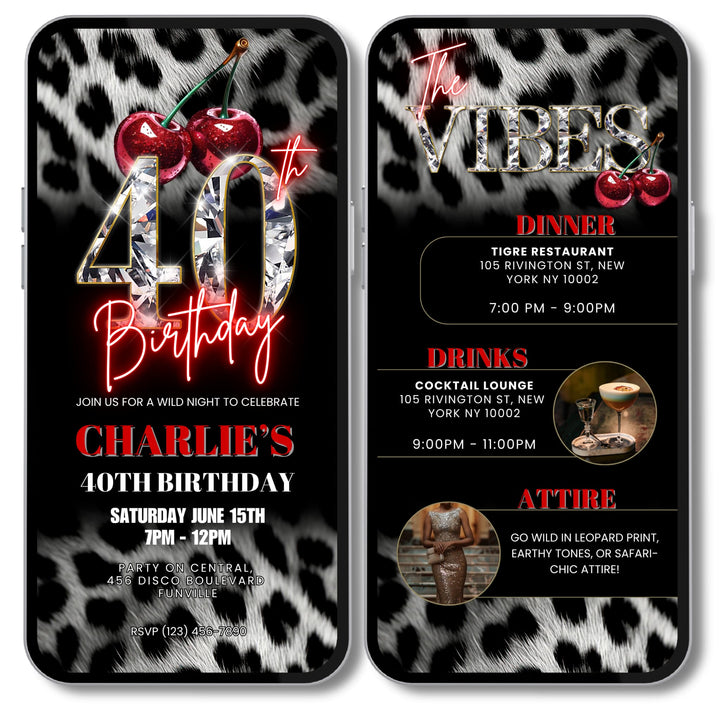 Cherry, Cheetah & Leopard Print 40th Birthday Invitation with Vibes Itinerary | Editable Canva Template