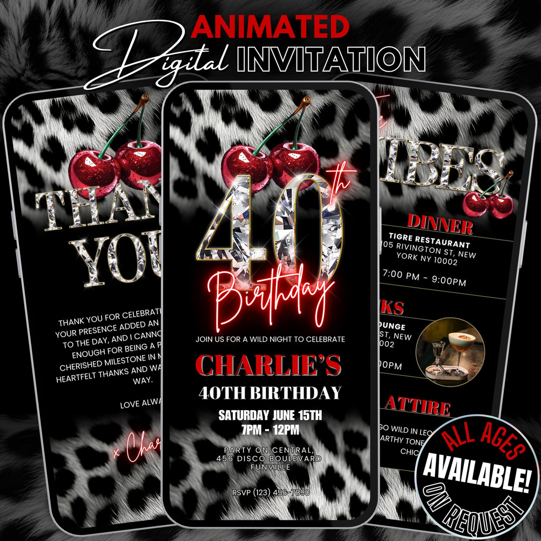 Cherry, Cheetah & Leopard Print 40th Birthday Invitation Bundle | Digital 40th Invite with Vibes and Thank You Card Canva Template