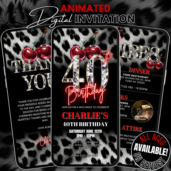 Cherry, Cheetah & Leopard Print 40th Birthday Invitation Bundle | Digital 40th Invite with Vibes and Thank You Card Canva Template